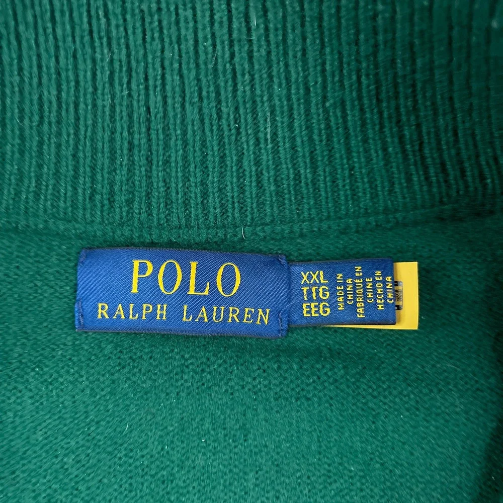 Polo Ralph Lauren Sweater Mens XXL Green Wool Quarter Zip Pullover Classic Logo